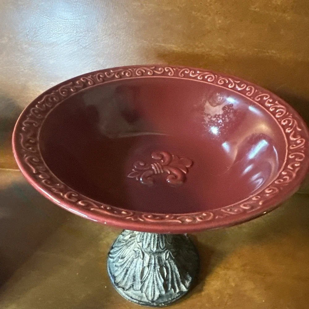 Drake Design Pedestal Bowl Compote Tuscan Scroll Fleur De Lis Oxblood Red